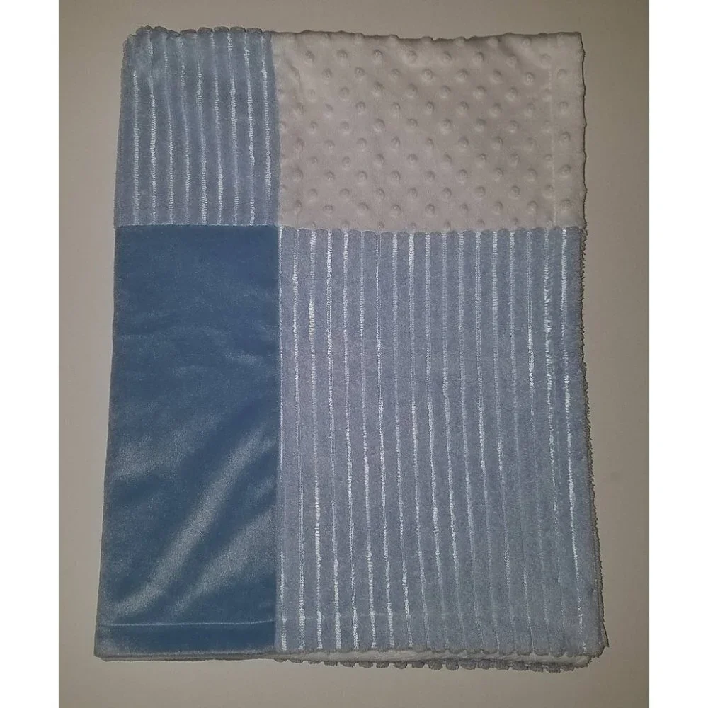 Hobby Lobby Blue White Patchwork Fleece Baby Blanket Lovey Minky Dot Stripes